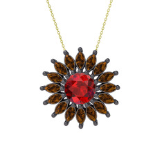 Garnet ve dumanlı kuvars 925 ayar siyah rodyum kaplama gümüş kolye (40 cm gümüş rolo zincir)