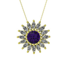 Taşlı Papatya Kolye - Ametist ve beyaz zirkon 8 ayar altın kolye (40 cm altın rolo zincir) #1ig6hvd