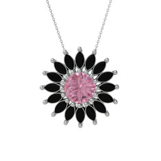 Taşlı Papatya Kolye - Pembe kuvars ve siyah zirkon 925 ayar gümüş kolye (40 cm beyaz altın rolo zincir) #1ihzt9i