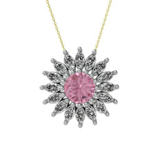 Taşlı Papatya Kolye - Pembe kuvars ve beyaz zirkon 14 ayar beyaz altın kolye (40 cm altın rolo zincir) #1ikhw55