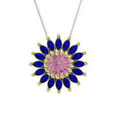Taşlı Papatya Kolye - Pembe kuvars ve lab safir 925 ayar altın kaplama gümüş kolye (40 cm rose altın rolo zincir) #1j4gwls