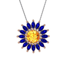 Taşlı Papatya Kolye - Sitrin ve lab safir 8 ayar rose altın kolye (40 cm gümüş rolo zincir) #1j6rd80