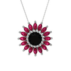 Taşlı Papatya Kolye - Siyah zirkon ve rodolit garnet 18 ayar beyaz altın kolye (40 cm beyaz altın rolo zincir) #1jfaplw