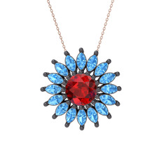 Taşlı Papatya Kolye - Garnet ve akuamarin 925 ayar siyah rodyum kaplama gümüş kolye (40 cm rose altın rolo zincir) #1jj2qow