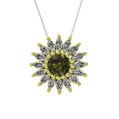Taşlı Papatya Kolye - Peridot ve swarovski 14 ayar altın kolye (40 cm gümüş rolo zincir) #1jlnmce