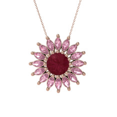 Taşlı Papatya Kolye - Kök yakut ve pembe kuvars 14 ayar rose altın kolye (40 cm rose altın rolo zincir) #1jspari