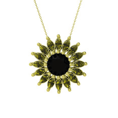 Taşlı Papatya Kolye - Siyah zirkon ve peridot 925 ayar altın kaplama gümüş kolye (40 cm altın rolo zincir) #1k8938r