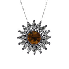 Taşlı Papatya Kolye - Dumanlı kuvars ve beyaz zirkon 925 ayar siyah rodyum kaplama gümüş kolye (40 cm gümüş rolo zincir) #1kixz1j