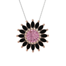 Pembe kuvars ve siyah zirkon 18 ayar rose altın kolye (40 cm gümüş rolo zincir)