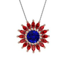 Lab safir ve garnet 18 ayar rose altın kolye (40 cm gümüş rolo zincir)