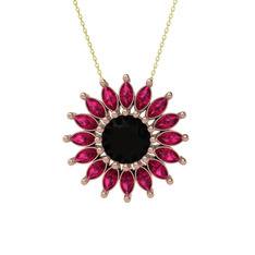 Taşlı Papatya Kolye - Siyah zirkon ve rodolit garnet 18 ayar rose altın kolye (40 cm altın rolo zincir) #1kwsq8q
