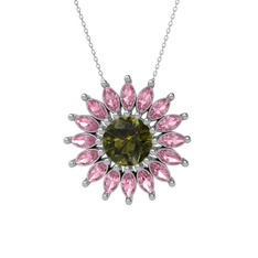 Peridot ve pembe kuvars 8 ayar beyaz altın kolye (40 cm gümüş rolo zincir)