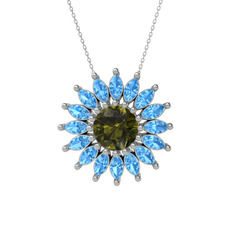 Peridot ve akuamarin 8 ayar beyaz altın kolye (40 cm beyaz altın rolo zincir)