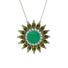 Taşlı Papatya Kolye - Kök zümrüt ve peridot 8 ayar beyaz altın kolye (40 cm rose altın rolo zincir) #1l9oob