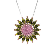 Taşlı Papatya Kolye - Pembe kuvars ve peridot 14 ayar rose altın kolye (40 cm beyaz altın rolo zincir) #1la0v73