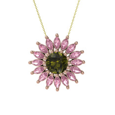 Taşlı Papatya Kolye - Peridot ve pembe kuvars 18 ayar rose altın kolye (40 cm gümüş rolo zincir) #1lck84j
