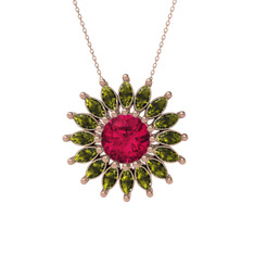 Rodolit garnet ve peridot 925 ayar rose altın kaplama gümüş kolye (40 cm rose altın rolo zincir)