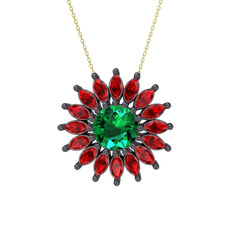 Taşlı Papatya Kolye - Yeşil kuvars ve garnet 925 ayar siyah rodyum kaplama gümüş kolye (40 cm altın rolo zincir) #1lfjnga