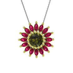 Taşlı Papatya Kolye - Peridot ve rodolit garnet 925 ayar altın kaplama gümüş kolye (40 cm gümüş rolo zincir) #1ljbt1n