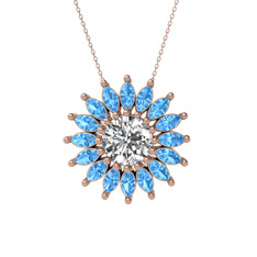 Swarovski ve akuamarin 925 ayar rose altın kaplama gümüş kolye (40 cm rose altın rolo zincir)