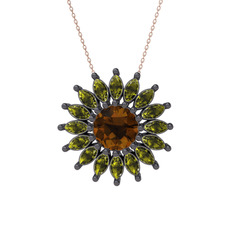 Taşlı Papatya Kolye - Dumanlı kuvars ve peridot 925 ayar siyah rodyum kaplama gümüş kolye (40 cm rose altın rolo zincir) #1ltk5t9