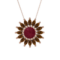 Taşlı Papatya Kolye - Kök yakut ve dumanlı kuvars 8 ayar rose altın kolye (40 cm rose altın rolo zincir) #1lw2jrl