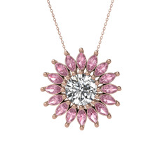 Swarovski ve pembe kuvars 14 ayar rose altın kolye (40 cm gümüş rolo zincir)