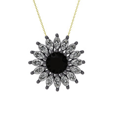 Taşlı Papatya Kolye - Siyah zirkon ve swarovski 925 ayar siyah rodyum kaplama gümüş kolye (40 cm gümüş rolo zincir) #1manuhy