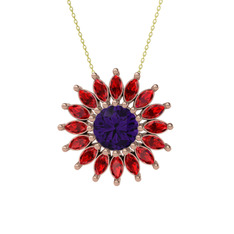 Taşlı Papatya Kolye - Ametist ve garnet 18 ayar rose altın kolye (40 cm altın rolo zincir) #1mb6pi6