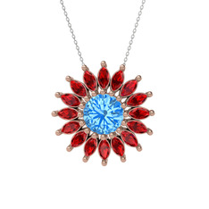Taşlı Papatya Kolye - Akuamarin ve garnet 18 ayar rose altın kolye (40 cm beyaz altın rolo zincir) #1mbda61