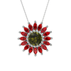 Taşlı Papatya Kolye - Peridot ve garnet 14 ayar beyaz altın kolye (40 cm beyaz altın rolo zincir) #1mnkhas