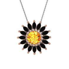Taşlı Papatya Kolye - Sitrin ve siyah zirkon 14 ayar rose altın kolye (40 cm gümüş rolo zincir) #1mqgncq