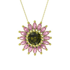 Taşlı Papatya Kolye - Peridot ve pembe kuvars 8 ayar altın kolye (40 cm altın rolo zincir) #1mvx7l8