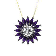 Taşlı Papatya Kolye - Swarovski ve ametist 925 ayar siyah rodyum kaplama gümüş kolye (40 cm gümüş rolo zincir) #1mxkxb3