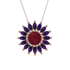 Taşlı Papatya Kolye - Kök yakut ve ametist 18 ayar rose altın kolye (40 cm rose altın rolo zincir) #1my20cj
