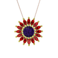 Taşlı Papatya Kolye - Ametist ve garnet 18 ayar altın kolye (40 cm rose altın rolo zincir) #1n30pis