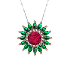 Taşlı Papatya Kolye - Rodolit garnet ve yeşil kuvars 8 ayar rose altın kolye (40 cm beyaz altın rolo zincir) #1n4m0yz