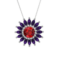 Taşlı Papatya Kolye - Garnet ve ametist 925 ayar gümüş kolye (40 cm gümüş rolo zincir) #1nc4cau