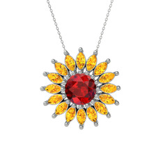 Taşlı Papatya Kolye - Garnet ve sitrin 14 ayar beyaz altın kolye (40 cm beyaz altın rolo zincir) #1ndmyuw