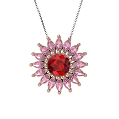 Garnet ve pembe kuvars 8 ayar rose altın kolye (40 cm gümüş rolo zincir)