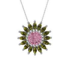 Taşlı Papatya Kolye - Pembe kuvars ve peridot 8 ayar beyaz altın kolye (40 cm beyaz altın rolo zincir) #1nv7v90