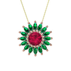 Taşlı Papatya Kolye - Rodolit garnet ve yeşil kuvars 925 ayar rose altın kaplama gümüş kolye (40 cm altın rolo zincir) #1nzvm9y