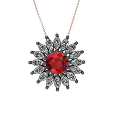 Taşlı Papatya Kolye - Garnet ve swarovski 925 ayar siyah rodyum kaplama gümüş kolye (40 cm rose altın rolo zincir) #1o1ajsk