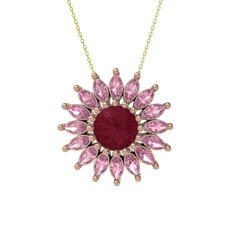 Taşlı Papatya Kolye - Kök yakut ve pembe kuvars 18 ayar rose altın kolye (40 cm gümüş rolo zincir) #1o9a2sy