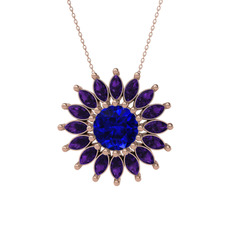 Taşlı Papatya Kolye - Lab safir ve ametist 8 ayar rose altın kolye (40 cm gümüş rolo zincir) #1oa5lyq