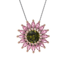 Taşlı Papatya Kolye - Peridot ve pembe kuvars 14 ayar rose altın kolye (40 cm gümüş rolo zincir) #1ognfau