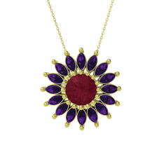 Taşlı Papatya Kolye - Kök yakut ve ametist 18 ayar altın kolye (40 cm altın rolo zincir) #1ohl4jo