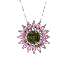 Taşlı Papatya Kolye - Peridot ve pembe kuvars 8 ayar beyaz altın kolye (40 cm rose altın rolo zincir) #1pgm0y8