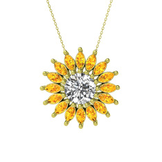Taşlı Papatya Kolye - Swarovski ve sitrin 8 ayar altın kolye (40 cm altın rolo zincir) #1poteye