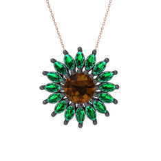 Taşlı Papatya Kolye - Dumanlı kuvars ve yeşil kuvars 925 ayar siyah rodyum kaplama gümüş kolye (40 cm rose altın rolo zincir) #1pvpdf6